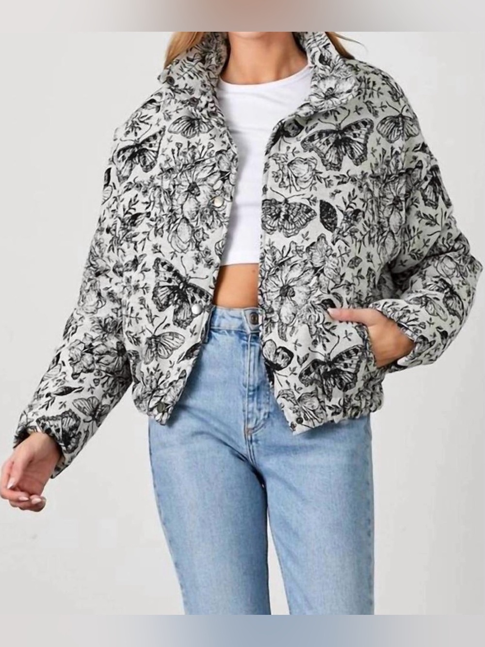 NEW POLAGRAM fantasia floral jacquard puff jacket in grey size medium